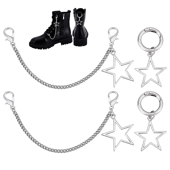 2Цепочка для ремня безопасности из нержавеющей стали с подвесками в виде звезд из сплава, украшение обуви, с 2шт. подвесками для обуви из сплава