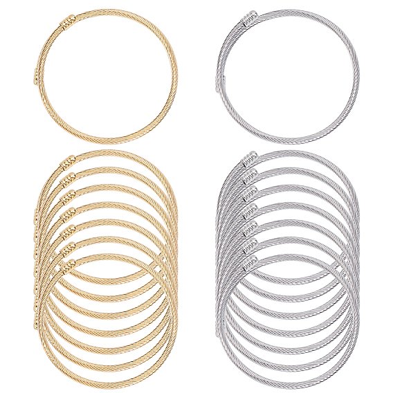 16Pcs 2 Colors 304 Stainless Steel Twist Rope Bangles for Women, with Brass Beads