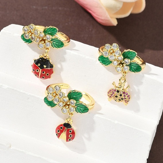 Кольца-манжеты с божьей коровкой из латуни с микропаве из кубического циркония, с эмалью для женщин, без кадмия и без свинца, стойки покрытие, реальный 18 k позолоченный