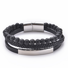 Multilayer Natural Stone Leather Bracelet with Black Matte Volcanic Rock and Stainless Steel Magnetic Clasp
