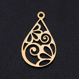304 Stainless Steel Pendants, Filigree Joiners Findings, Laser Cut, Ion Plating(IP), Teardrop with Flower