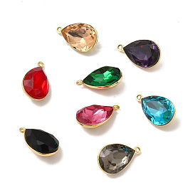 Rack Plating Brass Glass Pendants, Faceted Teardrop, Real 18K Gold Plated, Lead Free & Cadmium Free