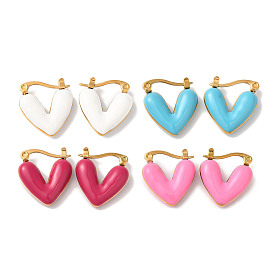 Heart Golden Ion Plating(IP) 304 Stainless Steel Hoop Earrings for Women, with Enamel