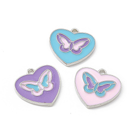 Alloy Enamel Pendants, Heart with Butterfly Charm, Platinum
