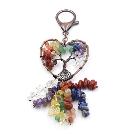 Wire Wrapped Gemstone Chip Heart with Tree of Life Pendant Decoration, Gemstone Chip Tassel and Lobster Claw Clasps for Bag Keychain Ornaments