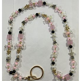 Porte-cartes en perles de verre et acryliques, chaîne de cou, avec fermoirs pivotants en alliage de zinc et anneaux porte-clés fendus en alliage