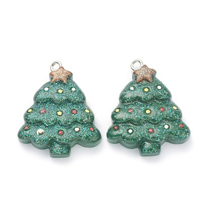 Resin Pendants, for Christmas Festival, with Platinum Iron Peg Bail, Glitter Powder, Christmas Tree
