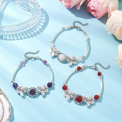 3Pcs Natural Carnelian & Amethyst & White Jade Beaded Braceleys, Butterfly, with Tibetan Style Alloy Round Beads & Brass Tube Beads