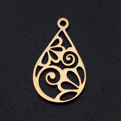 304 Stainless Steel Pendants, Filigree Joiners Findings, Laser Cut, Ion Plating(IP), Teardrop with Flower