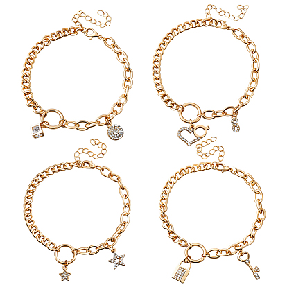 4шт. 4 стили браслетов из сплава со стразами, Браслеты из цепочек якорного и якорного плетения для женщин