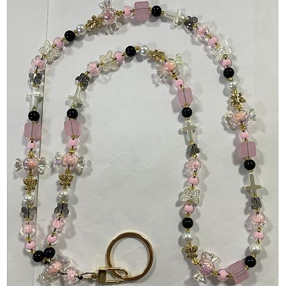 Porte-cartes en perles de verre et acryliques, chaîne de cou, avec fermoirs pivotants en alliage de zinc et anneaux porte-clés fendus en alliage