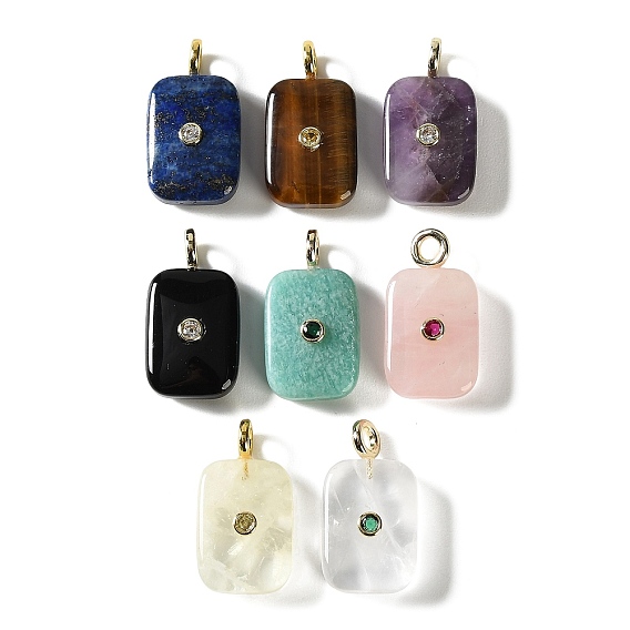 Natural Gemstone Pendants, Rectangle Charms with Brass Micro Pave Cubic Zirconia Findings, Golden