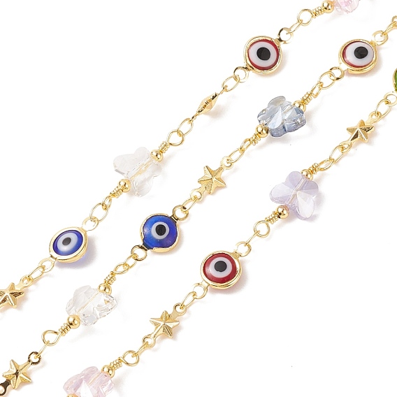 Flat Round & Star Brass Link Chains, with Glass Butterfly & CCB Evil Eye Beads, Soldered, with Spools, Cadmium Free & Lead Free, Real 18K Gold Plated
