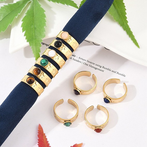 Узор в виде звезды 304 открытые манжетные кольца из нержавеющей стали, кольцо из натурального камня для женщин, реальный 18 k позолоченный, ионное покрытие (ip)