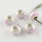 Pearlized Handmade Porcelain European Beads, with Silver Color Plated Brass Cores, Large Hole Rondelle Beads, 14.5~18.5x13.5~16x9~9.5mm, Hole: 4.5~5mm