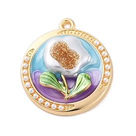 Подвески из эмали и сплава, с имитацией АБС-жемчуга и блестящей пудрой, без кадмия, без никеля и без свинца, стойки покрытие, плоская круглая с подвеской в виде цветка, золотые
