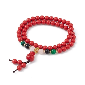 Bracelet enroulé à deux boucles avec perles rondes cinabre, breloques de sac porte-bonheur bracelet de caractère chinois pour les femmes