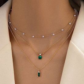 Vintage Pearl Layered Necklace with Blue-Green Beads and Sweater Chain