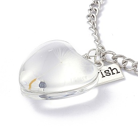 Collier de souhait de graines de pissenlit pour cadeau de femme adolescente, collier pendentif en verre coeur transparent, avec une chaîne en fer