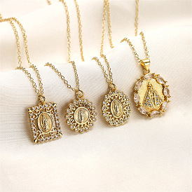 Boho Chic Virgin Mary Necklace with Hollowed-out Zirconia Lace and Brass Gold-plated Angel Pendant for Women