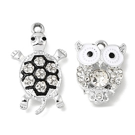 Alloy Enamel Pendants, Tortoise/Owl Charms, with Rhinestone