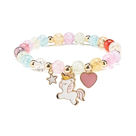 Candy Color Round Beaded Stretch Bracelet with Heart Unicorn Charm for Women