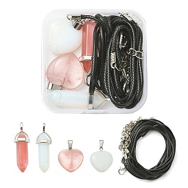 DIY Stone Pendant Necklace Making Kit, Including Heart & Bullet Opalite & Cherry Quartz Glass Pendants, Waxed Cotton Cord Necklace Making