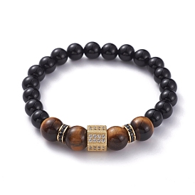 Unisex Stretch Bracelets, with Natural Black Agate(Dyed)/Tiger Eye Round Beads, Golden Plated Brass Cubic Zirconia Beads and Cardboard Packing Box