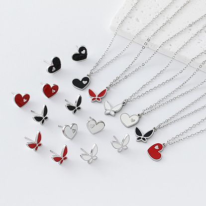 304 Conjunto de collar con colgante de corazón esmaltado en acero inoxidable y pendientes de botón para mujer, dorado