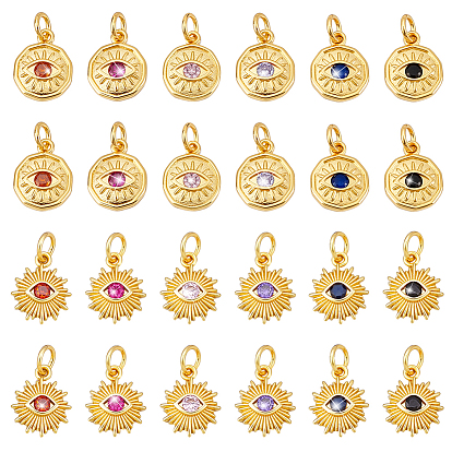 24 шт 12 стили латунные подвески из микропаве с фианитом, Злые чары глаз, с целью перехода в кольце, реальный 18 k позолоченный