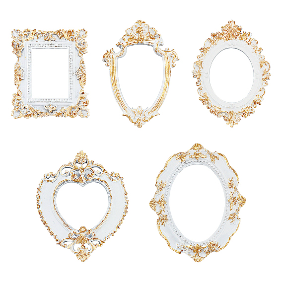 5 pcs 5 cadre photo en résine de style, cadre photo rétro en relief, pour la décoration de la maison de poupée, larme & ovale & rectangle & coeur