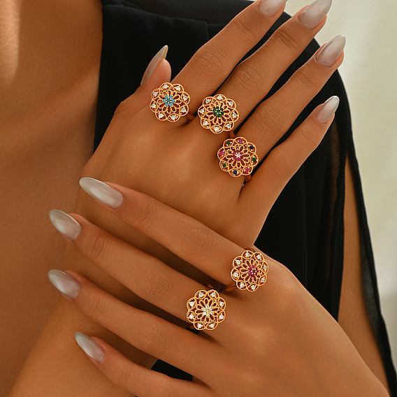 Элегантные регулируемые кольца для женщин с микропаве из латуни и кубическими цирконами, цветок, золотые