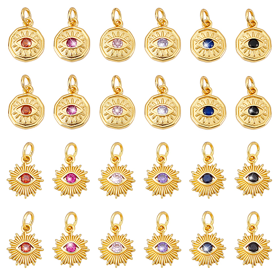 24 шт 12 стили латунные подвески из микропаве с фианитом, Злые чары глаз, с целью перехода в кольце, реальный 18 k позолоченный
