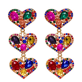 Geometric Heart-shaped Pendant Earrings with Diamonds for Women - Retro Alloy Design