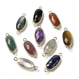 Natural Mixed Gemstone Faceted Connector Charms, Brass Oval Links