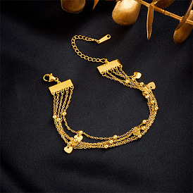 Minimalist Multi-layered Heart Pendant Chain Bracelet with Gold Beads in Titanium Steel