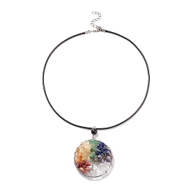 Natural Mixed Gemstone Chips Braided Tree of Life Pendant Necklaces, 7 Chakra Jewelry with Imitation Leather Cord for Women