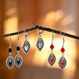 Zinc Alloy Dangle Earrings for Women, Sacred Heart, with Enamel & Plastic, Antique Silver