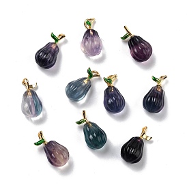 Natural Fluorite Carved Pendants, with Golden Plated Brass Findings and Green Enamel, Pear