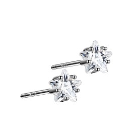 Rhodium Plated Star 999 Sterling Silver Cubic Zirconia Stud Earrings for Women, with 999 Stamp