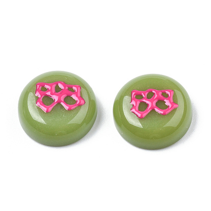 Opaque Resin Enamel Cabochons, Flat Round with Deep Pink Bowknot
