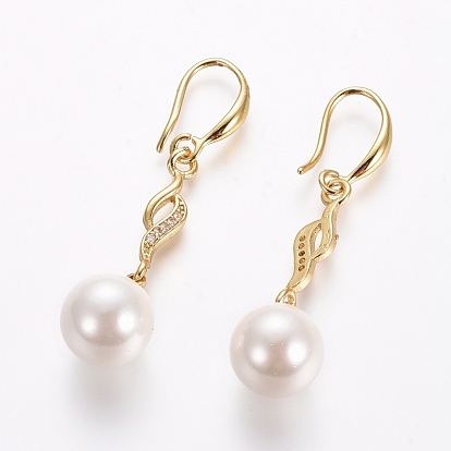 Brass Dangle Earrings, with Clear Cubic Zirconia and Shell Pearl, Long-Lasting Plated