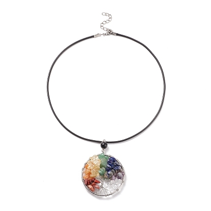 Natural Mixed Gemstone Chips Braided Tree of Life Pendant Necklaces, 7 Chakra Jewelry with Imitation Leather Cord for Women