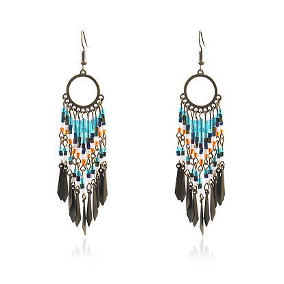 Tibetan Style Alloy Dangle Earrings, with Glass Beads, Vintage Bohemian ethnic earrings, Tassel