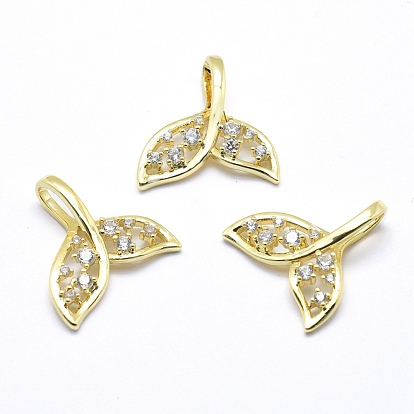 Brass Pendants, with Cubic Zirconia, Cadmium Free & Nickel Free & Lead Free,  Whale Tail Shape, Real 18K Gold Plated