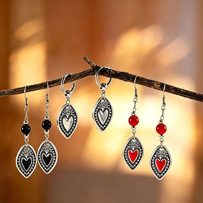 Zinc Alloy Dangle Earrings for Women, Sacred Heart, with Enamel & Plastic, Antique Silver