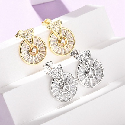 Плоские круглые серьги-гвоздики из латуни с микропаве и прозрачным фианитом, без кадмия и без свинца, стойки покрытие, долговечный