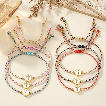 Регулируемые браслеты ручной работы, плоские круглые, с крестообразным креплением, из смоляных бусин., Браслеты из полиэстеровой нити, сплетенные для женщин