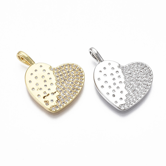 Brass Micro Pave Clear Cubic Zirconia Pendants, Nickel Free, Heart