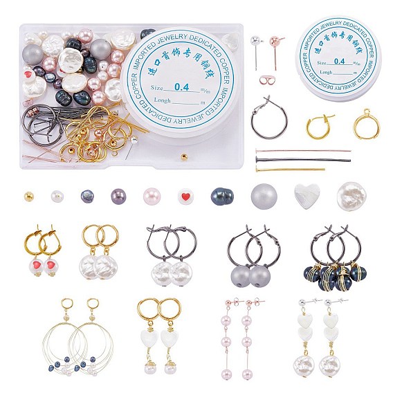 DIY Beaded Dangle Earring Making Kits, Including Natural Shell & Shell Pearl & Pearl & Plastic Pearl Beads, 304 Stainless Steel & Brass Stud & Hoop Earring Findings